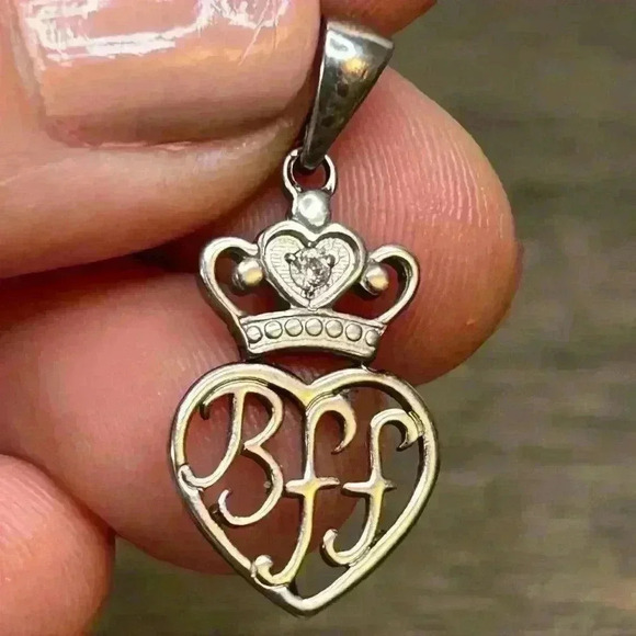 Silver Tone BFF Heart and Crown with Pink Crystal Gem Pendant - Picture 1 of 2